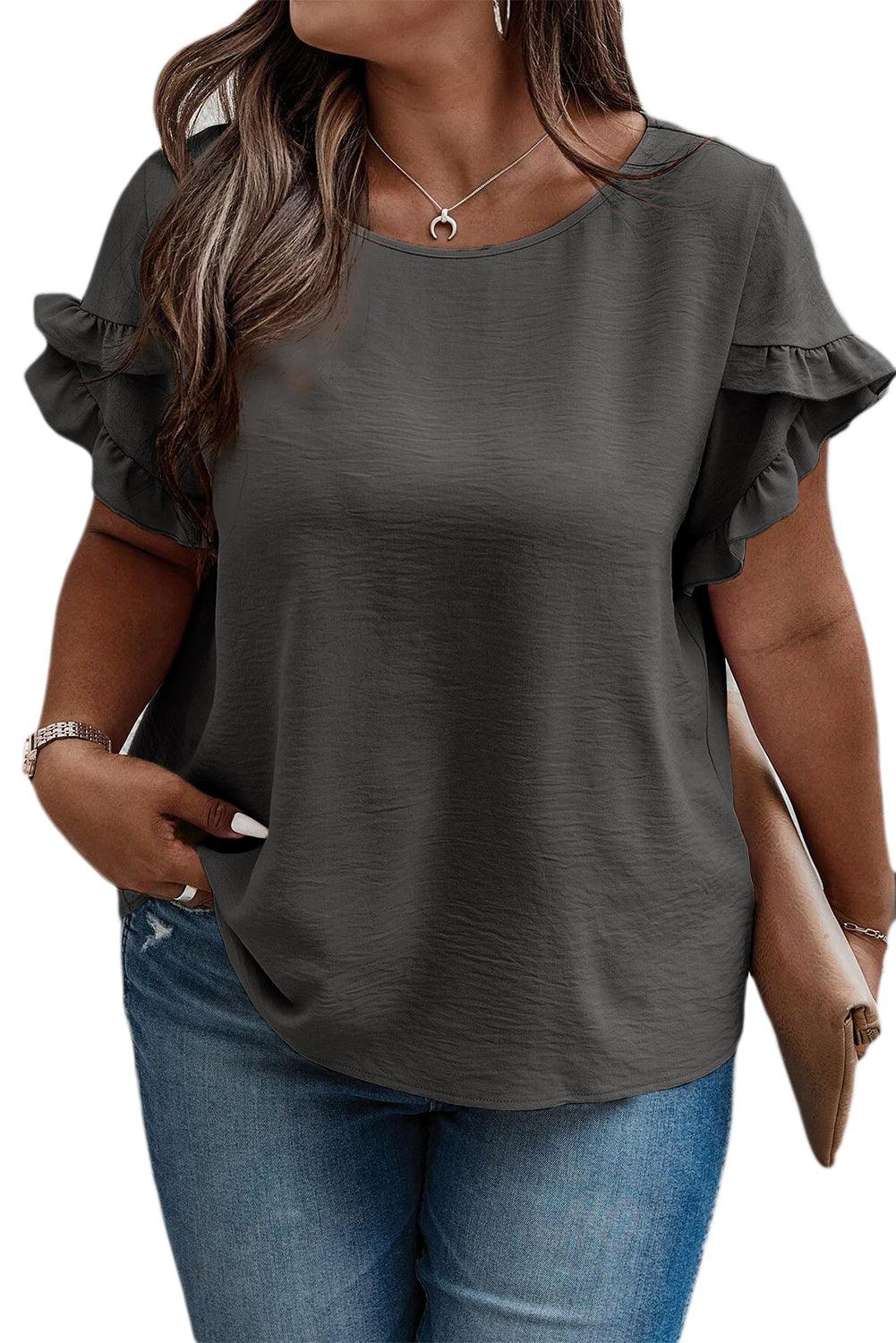 Dark Grey Ruffled Short Sleeve Plus Size Top - L & M Kee, LLC