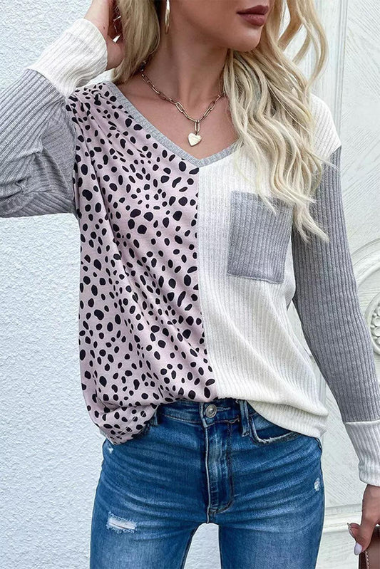 Leopard Patchwork Ribbed Color Block V Neck Top - L & M Kee, LLC