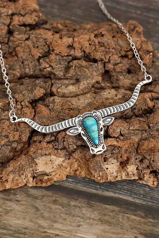 Light Blue Turquoise Steer Head Pendant Chain Necklace - L & M Kee, LLC