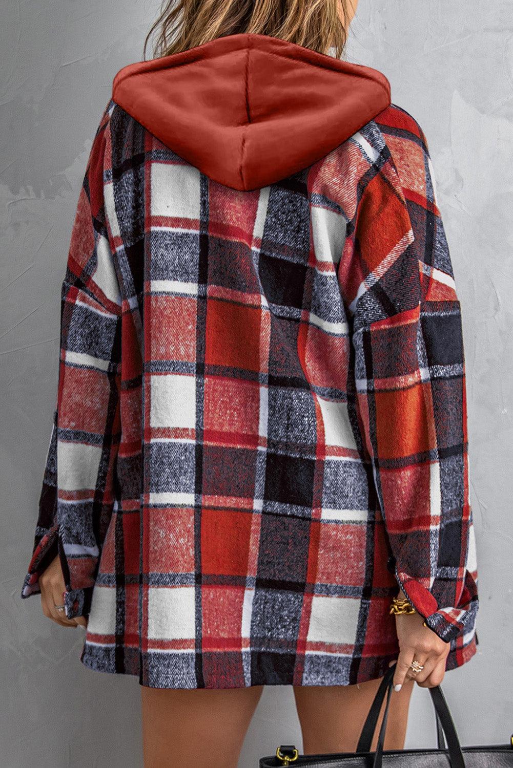 Red Hooded Plaid Button Front Shacket - L & M Kee, LLC