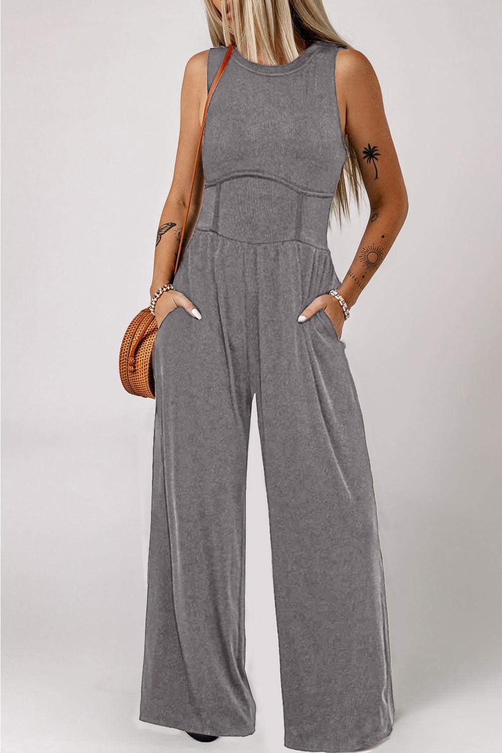 Medium Grey Cinched Waist Sleeveless Wide Leg Jumpsuit - L & M Kee, LLC