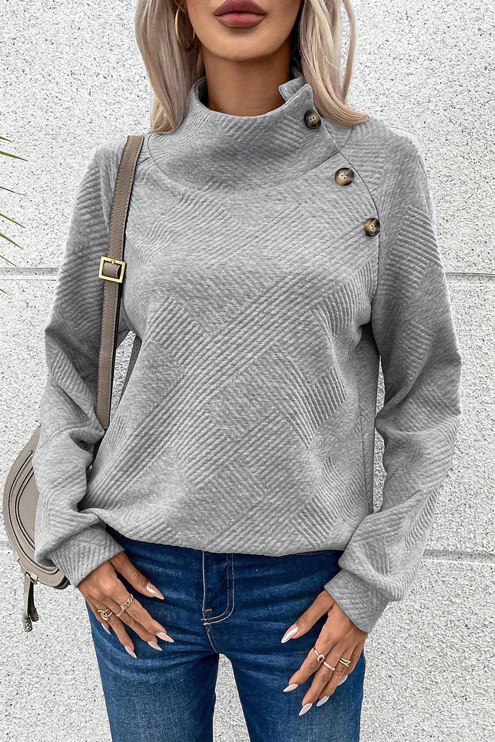 Gray Asymmetric Buttons Detail High Neck Textured Sweatshirt - L & M Kee, LLC