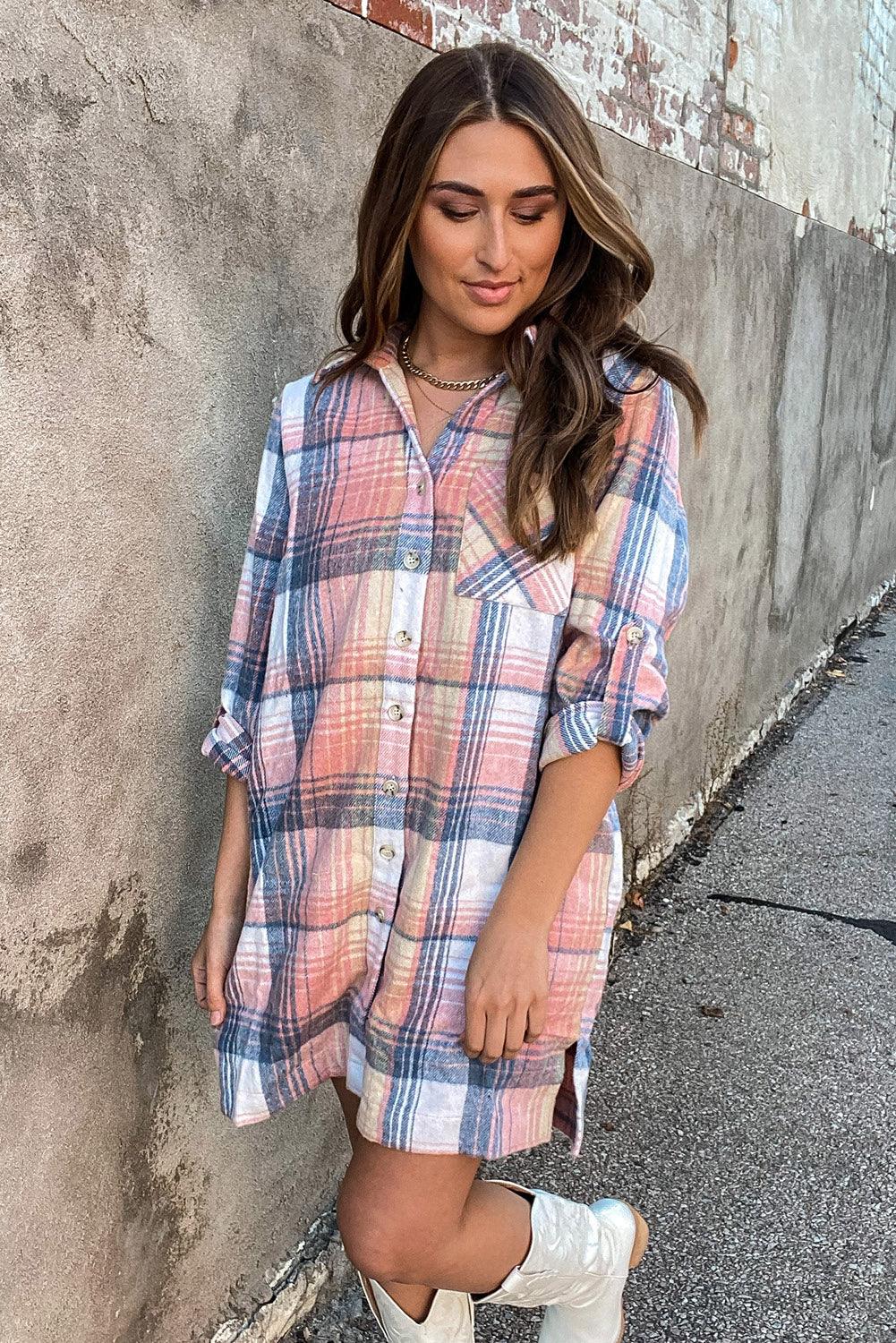 Plaid Roll-tab Sleeve Side Slit Shirt Dress - L & M Kee, LLC