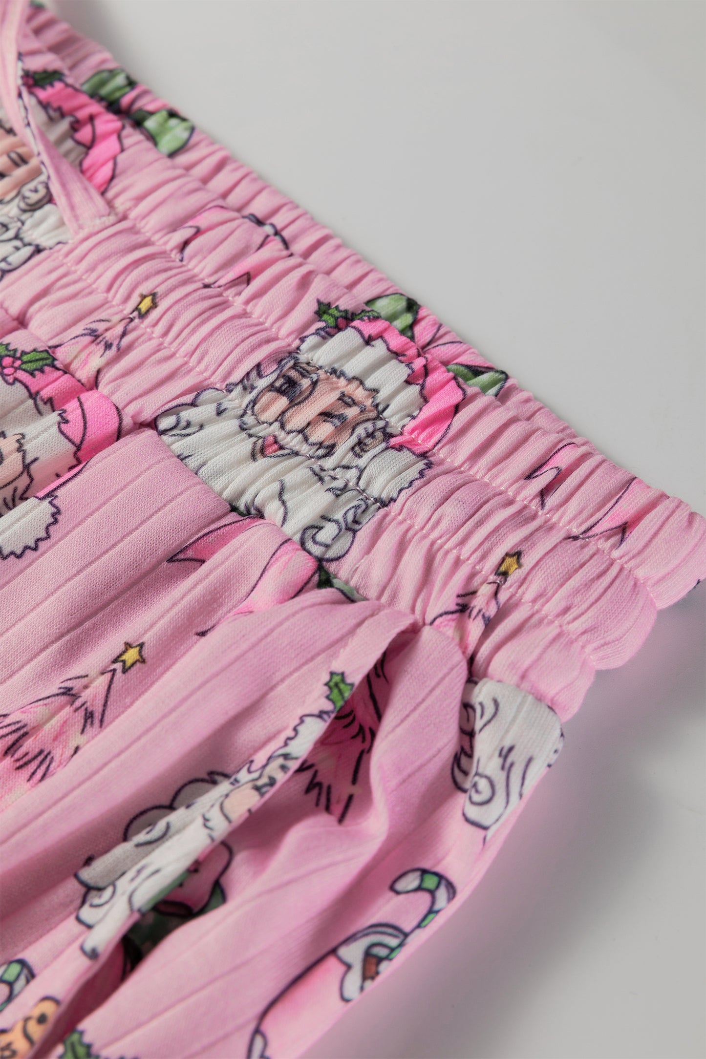 Pink Christmas Print Ruffled Ribbed Shirt & Pants 2 Piece PJ Set