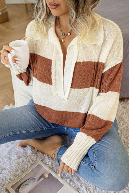 Stripes Collared Neck Corded Sweater - L & M Kee, LLC