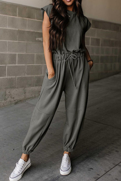 Medium Grey Cap Sleeve Open Back Drawstring Jogger Jumpsuit - L & M Kee, LLC