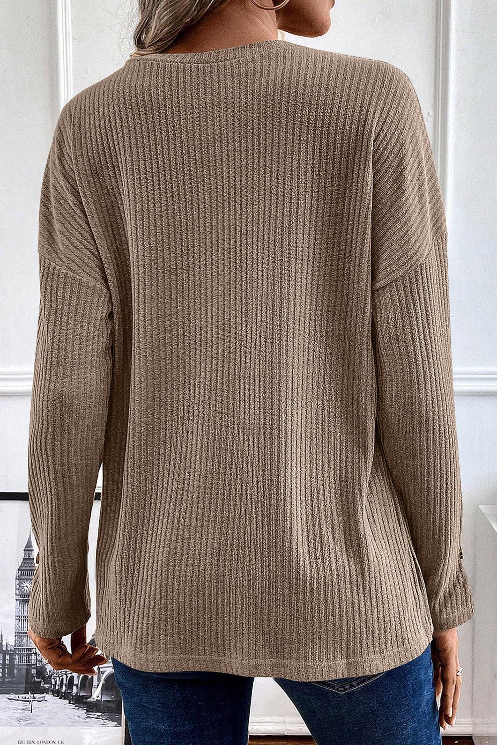 Pale Khaki Rib Textured Henley Knit Top - L & M Kee, LLC