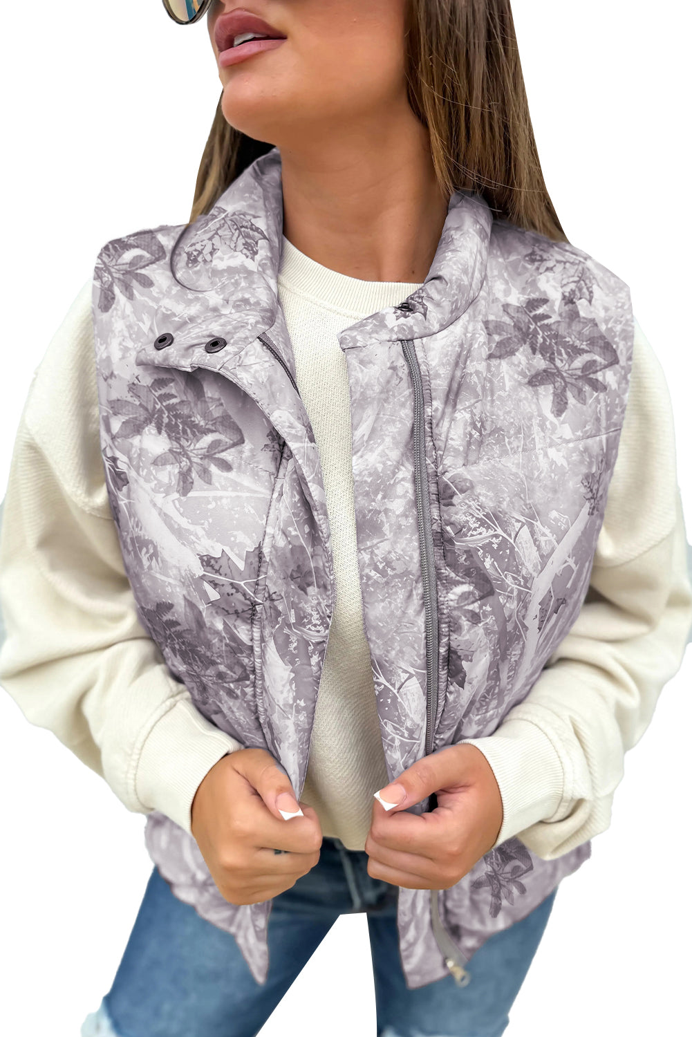 Gray Camo Leaf Print Winter Puffer Vest