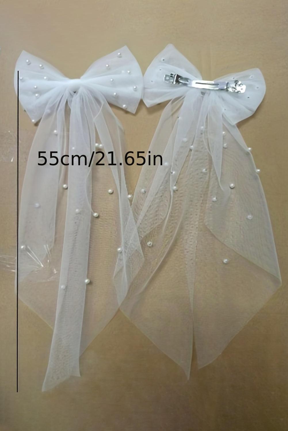 White Bridal Veil Bowknot Pearl Beaded Hair Clip