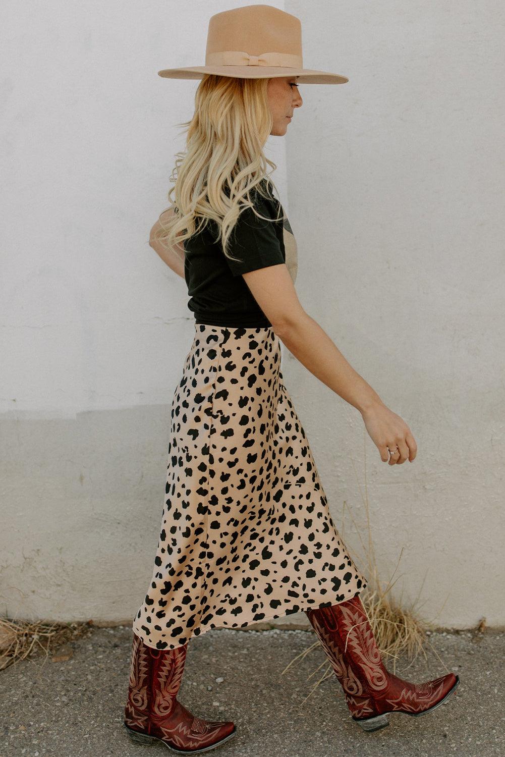 Khaki Leopard Spots Printed Split Hem Midi Skirt - L & M Kee, LLC