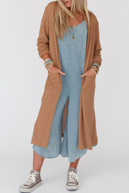 Chestnut Long Waffle Knit Cardigan with Pockets - L & M Kee, LLC