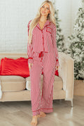 Red Stripe Contrast Velvet Trim Bow Knot Waist 2pcs Pajama Set