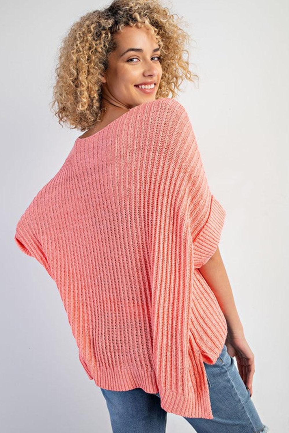 Fresh Salmon Rolled Cuffs Loose Knit Tee with Slits - L & M Kee, LLC