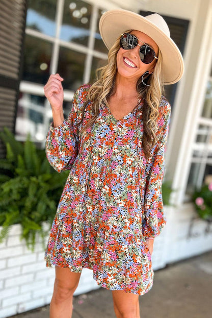 Multicolor Floral Neck Tie Long Sleeve Flared Dress - L & M Kee, LLC