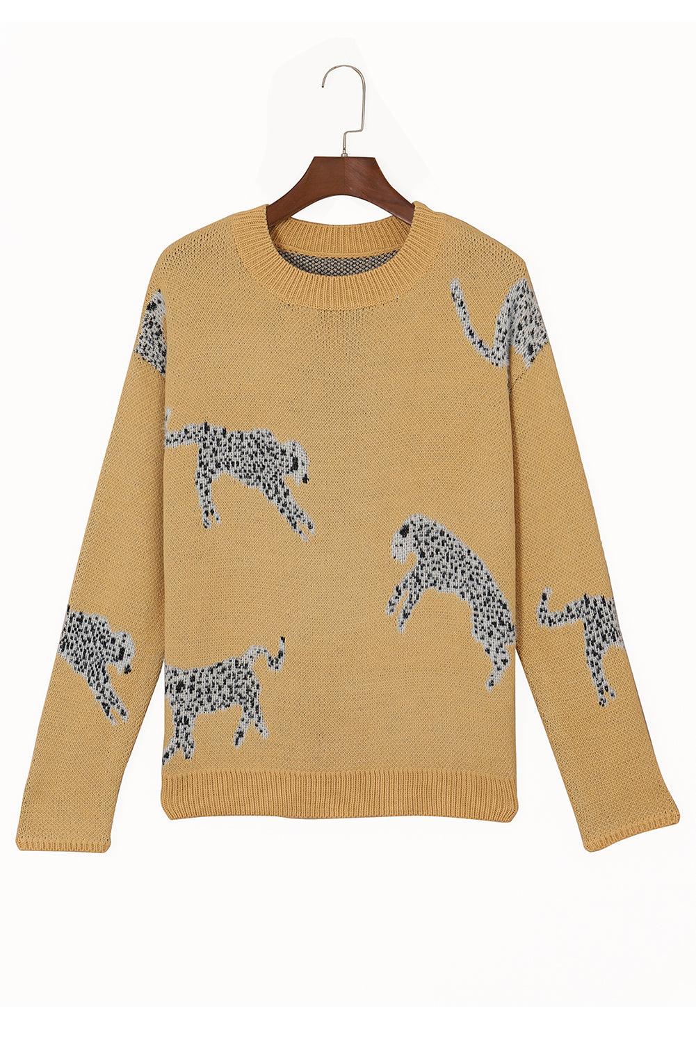 Camel Fuzzy Cheetah Accent Round Neck Sweater - L & M Kee, LLC