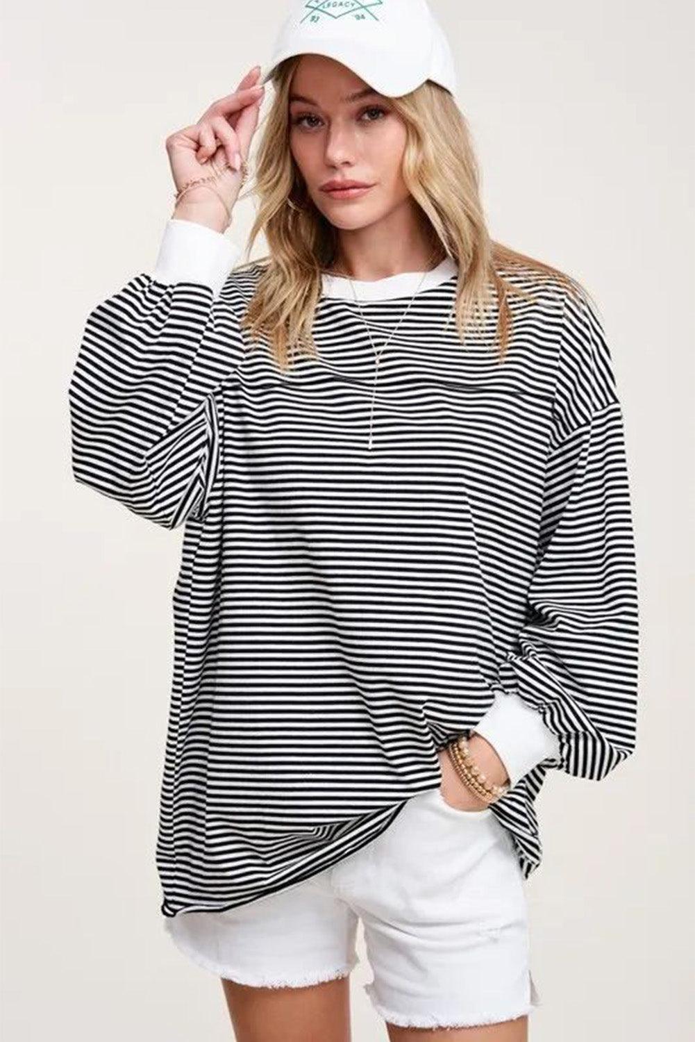 Striped Print Drop Shoulder Loose Sweatshirt - L & M Kee, LLC