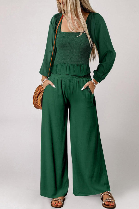 Green Square Neck Smocked Peplum Top and Pants Set - L & M Kee, LLC
