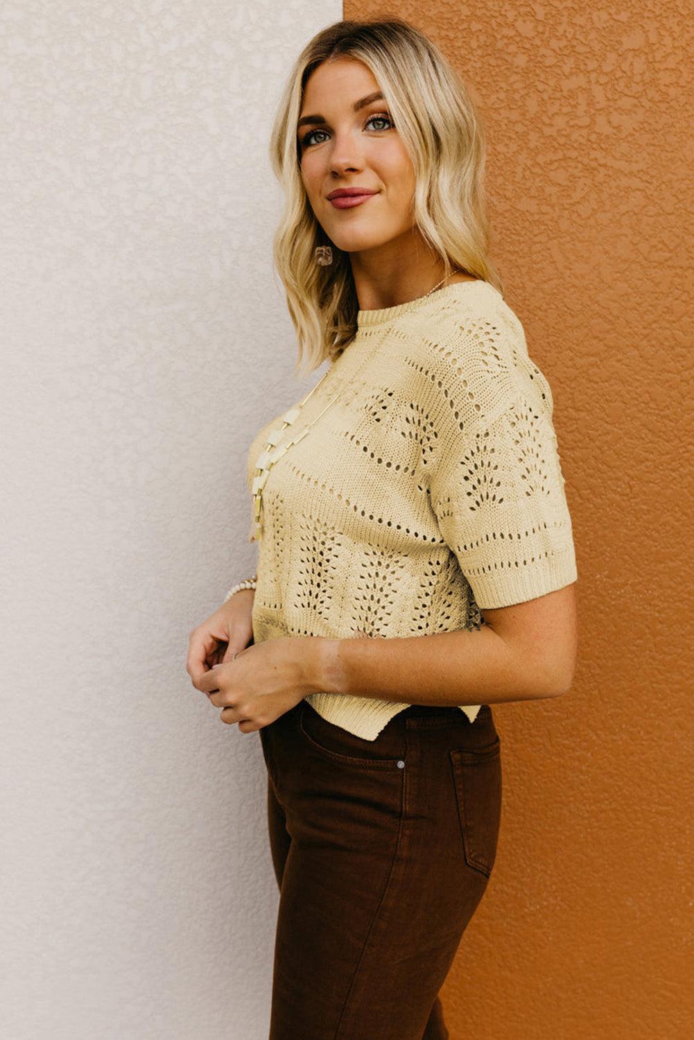 Beige Knitted Hollow out Short Sleeve Crop Sweater - L & M Kee, LLC