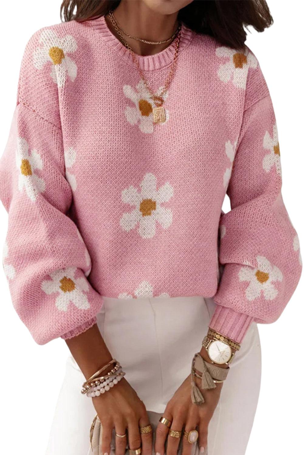 Pink Floral Pattern Drop Shoulder Sweater - L & M Kee, LLC