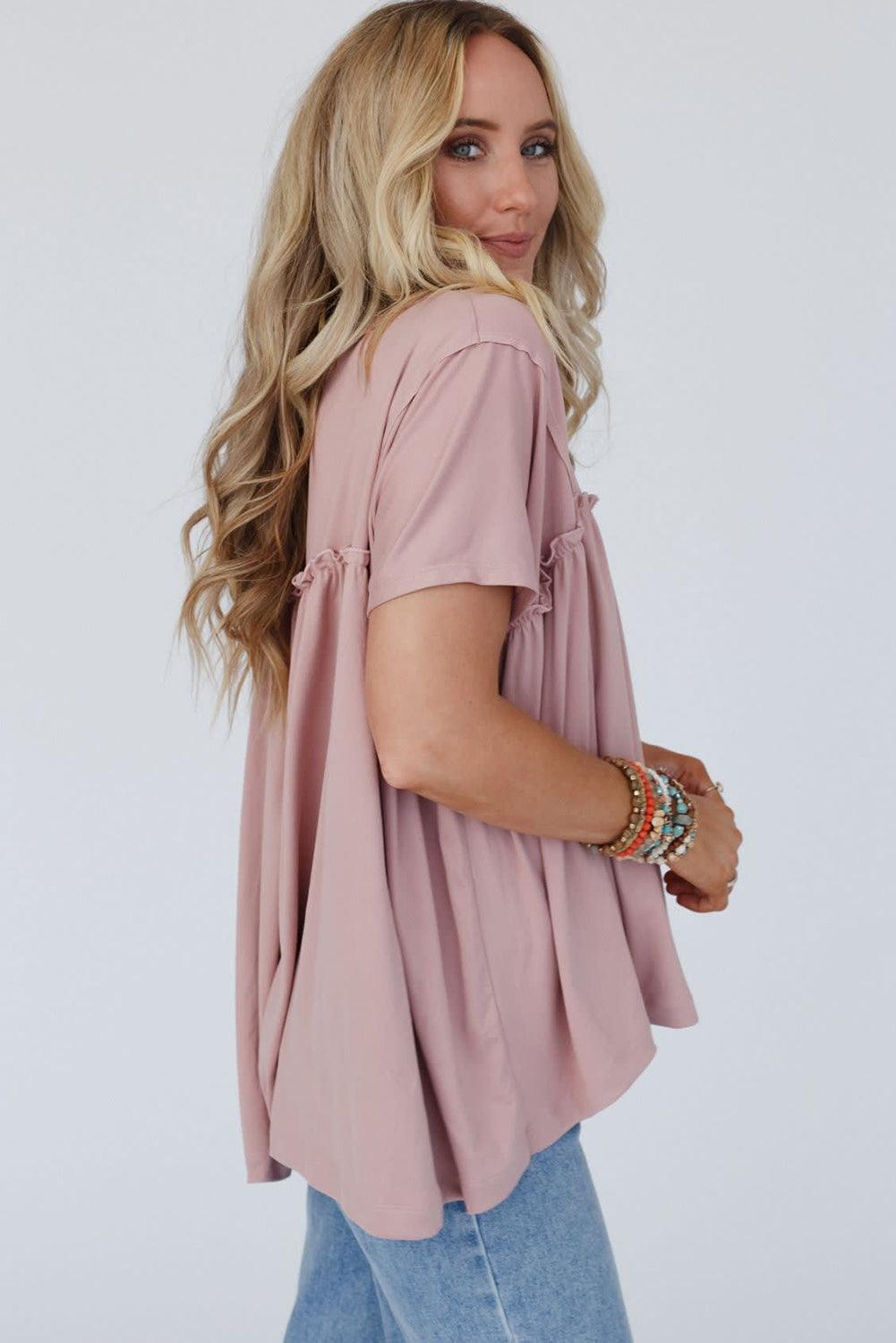 Light Pink Ruffled Trim Loose Babydoll Tee - L & M Kee, LLC