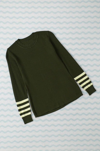 Red Striped Sleeve Plain Knit Sweater - L & M Kee, LLC