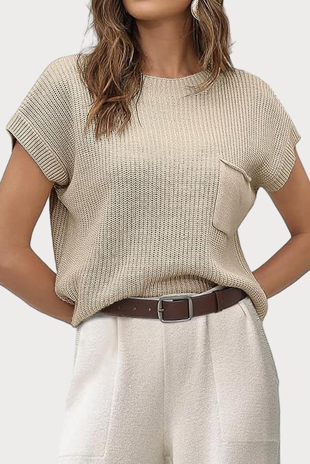 Pale Khaki Patch Pocket Short Sleeve Sweater - L & M Kee, LLC