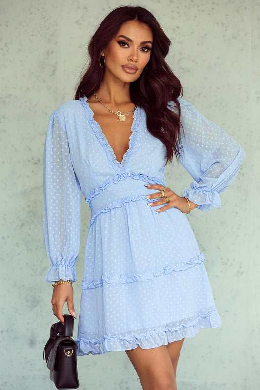 Sky Blue Layered Ruffled Open Back Puff Sleeve Swiss Dot Mini Dress - L & M Kee, LLC