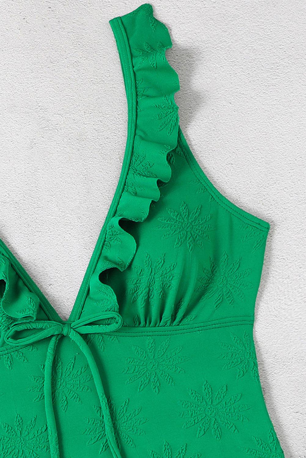 Bright Green Ruffle Plunge Neck One Piece Swimwear - L & M Kee, LLC