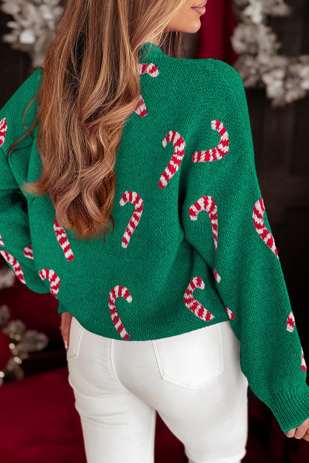 Racing Red Christmas Candy Cane Holiday Drop Shoulder Sweater