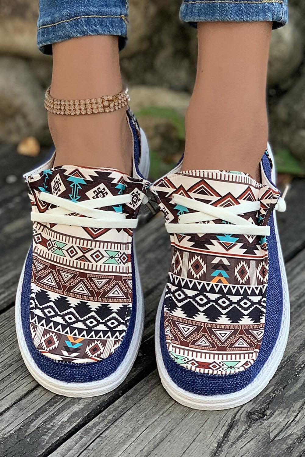 Ashleigh Blue Vintage Aztec Patchwork Lace-up Decor Flat Shoes - L & M Kee, LLC