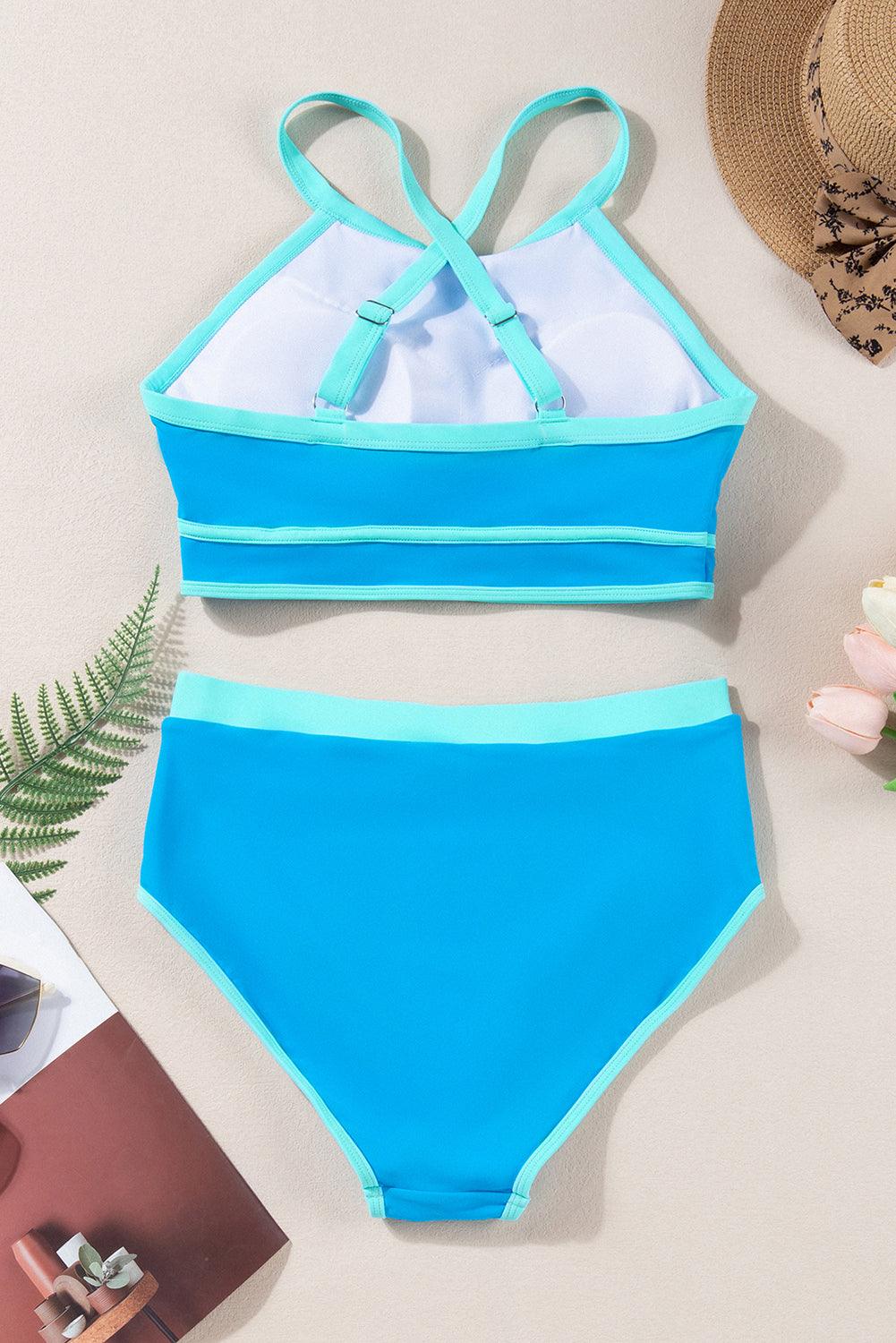 Blue Contrast Trim Crisscross Back High Waisted Bikini - L & M Kee, LLC