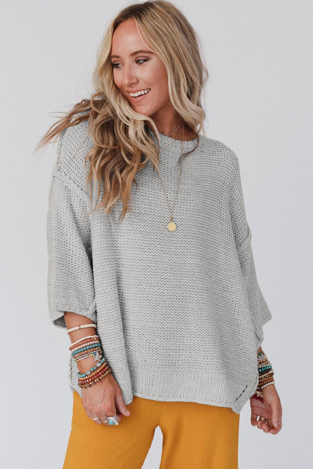 Beige Slouchy Textured Knit Loose Sweater - L & M Kee, LLC