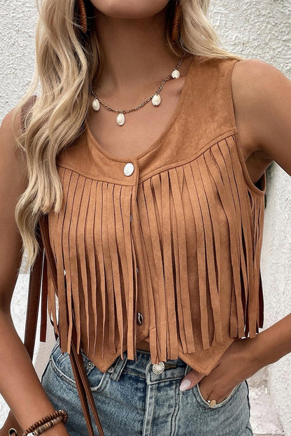 Camel Fringed Snap Button Front Suedette Vest - L & M Kee, LLC