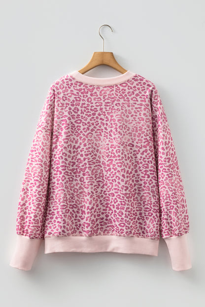 Pink Leopard Print Patchwork Crew Neck Sweatshirt