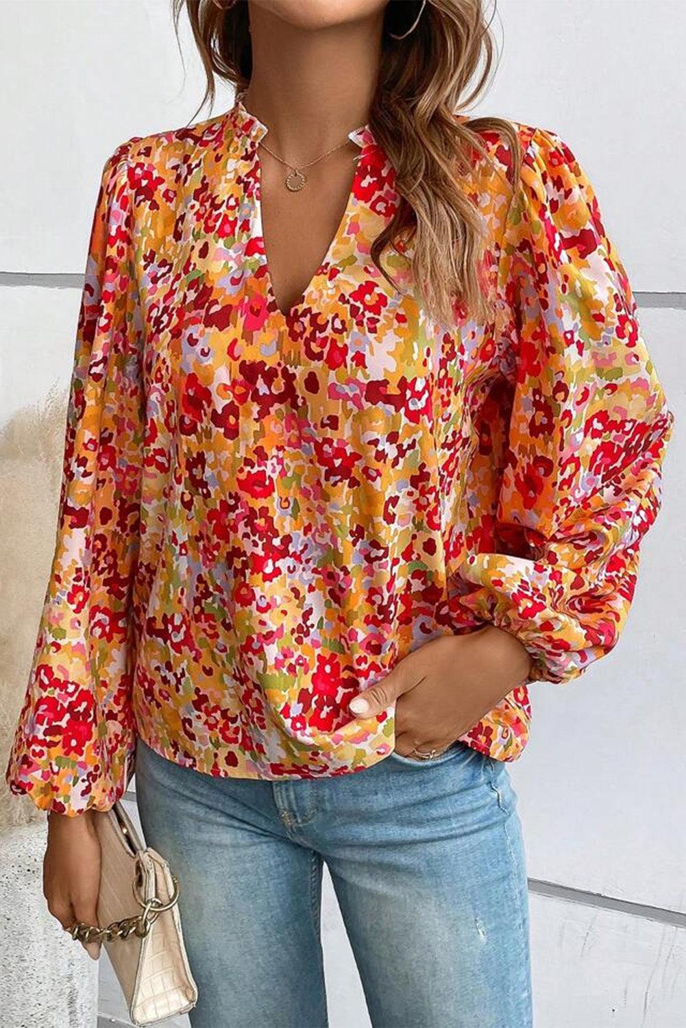 Grapefruit Orange Frilled Split Neck Bubble Sleeve Floral Blouse - L & M Kee, LLC