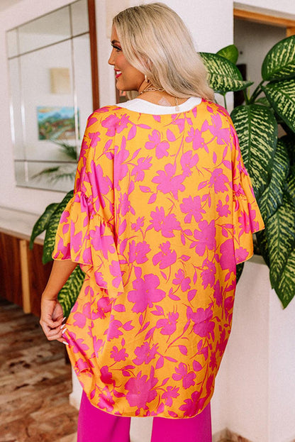 Orange Ruffled 3/4 Sleeve Floral Kimono - L & M Kee, LLC