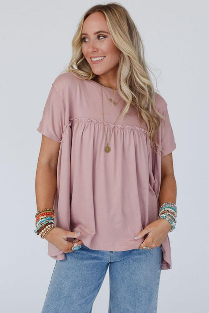 Light Pink Ruffled Trim Loose Babydoll Tee - L & M Kee, LLC