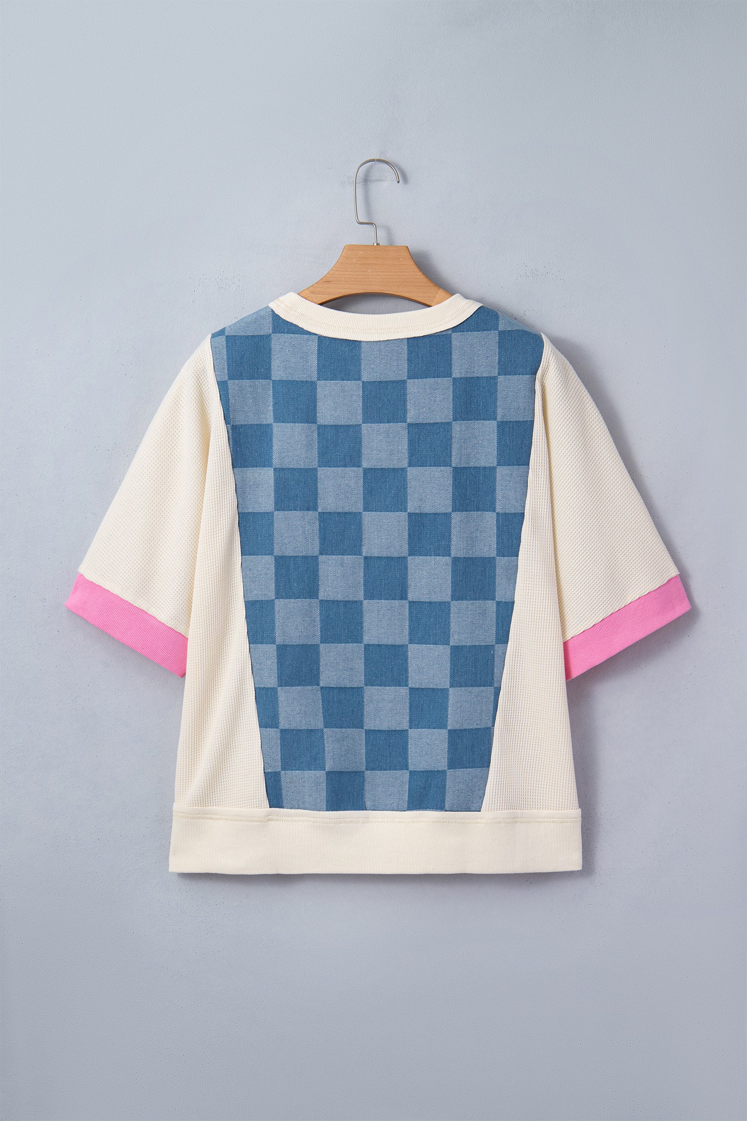 Dusk Blue Checkered Denim Patchwork Short Sleeve Loose Top