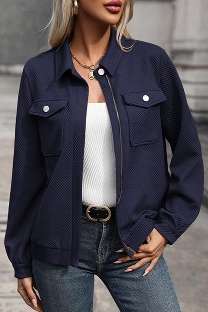 Coffee Solid Color Zip Up Button Flap Pocket Shirt Collar Jackets