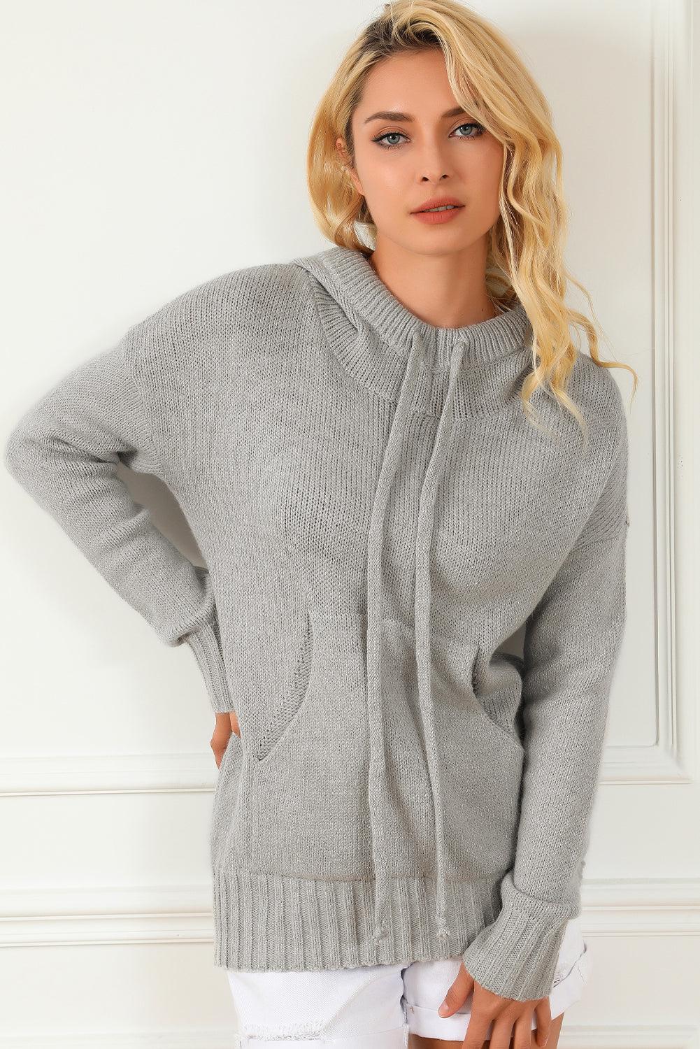 Gray Cowl Neck Drawstring Pullover Hooded Sweater - L & M Kee, LLC