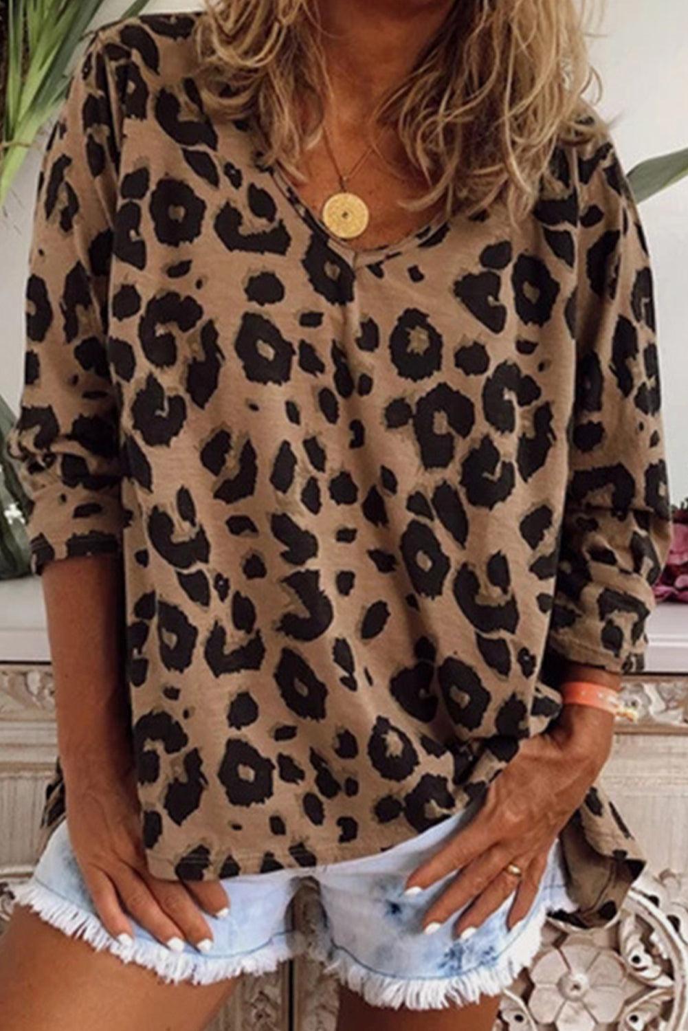 Leopard Split Joint V Neck Long Sleeve Top - L & M Kee, LLC