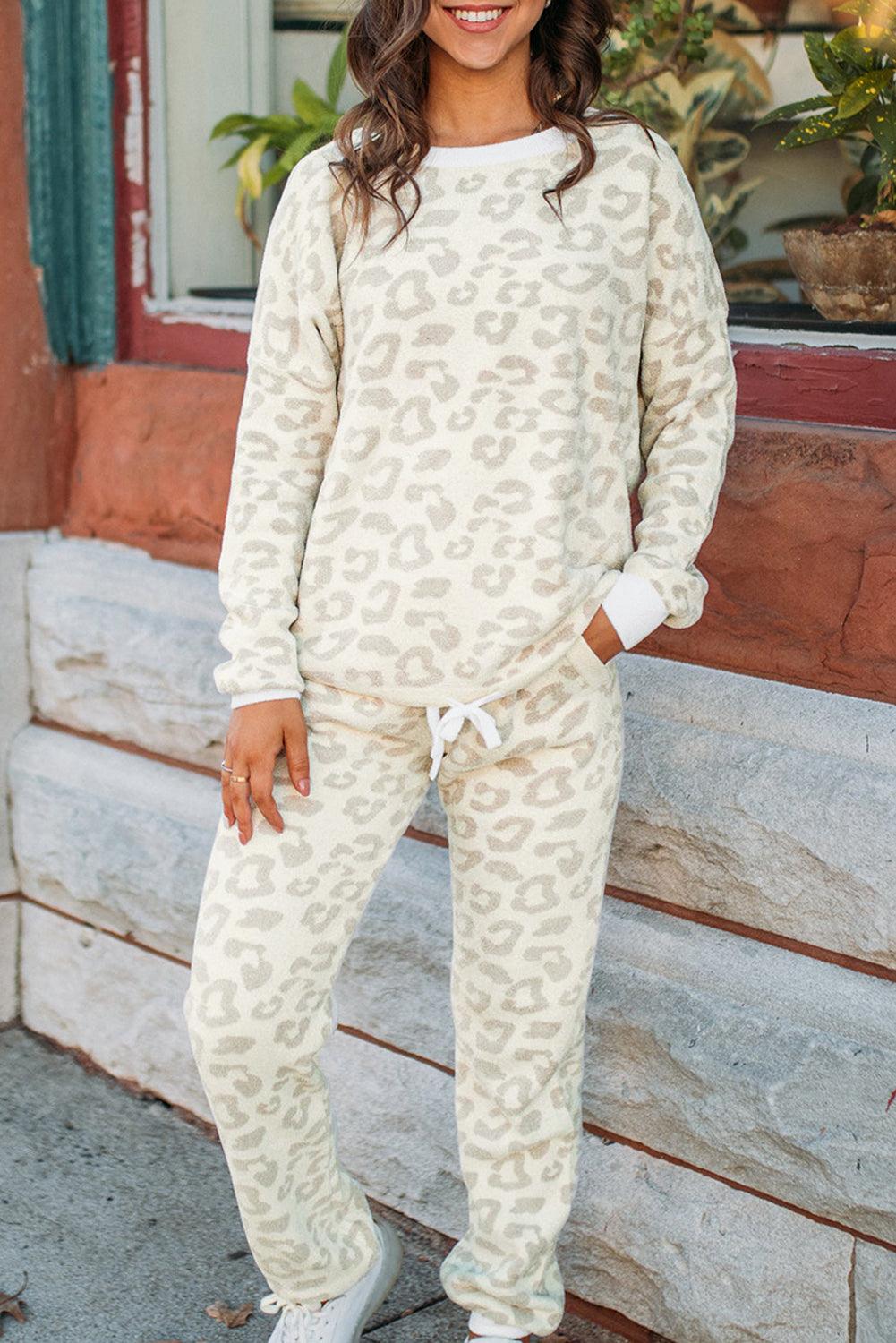 White Leopard Pullover and Drawstring Pants Lounge Set - L & M Kee, LLC