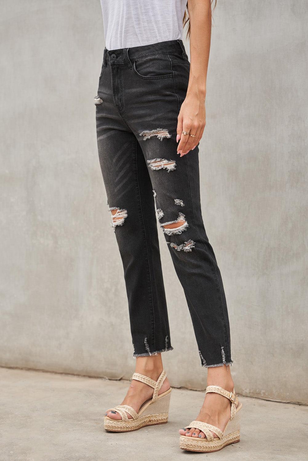 Light Blue Distressed Boyfriend Denim Pants - L & M Kee, LLC