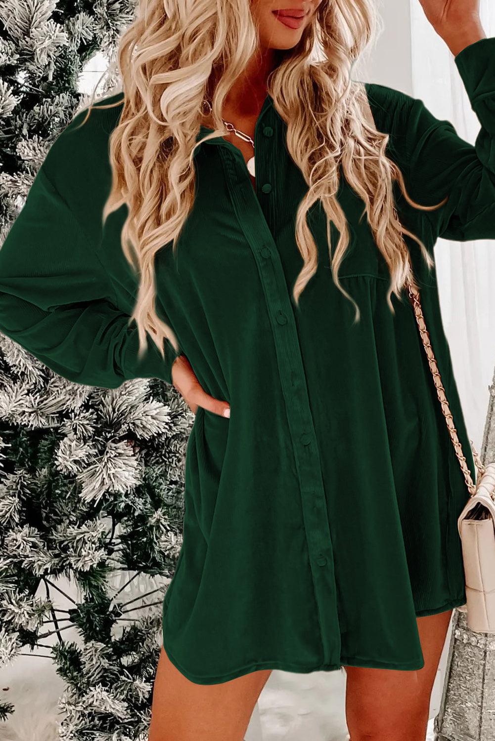 Flaxen Velvet Button Front Shirt Mini Dress - L & M Kee, LLC