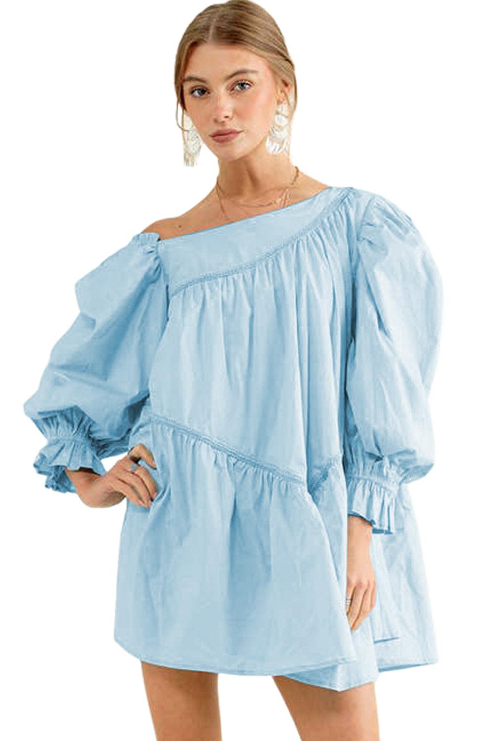 Sky Blue Exquisite Trim Puff Sleeve Asymmetric Swing Mini Dress - L & M Kee, LLC