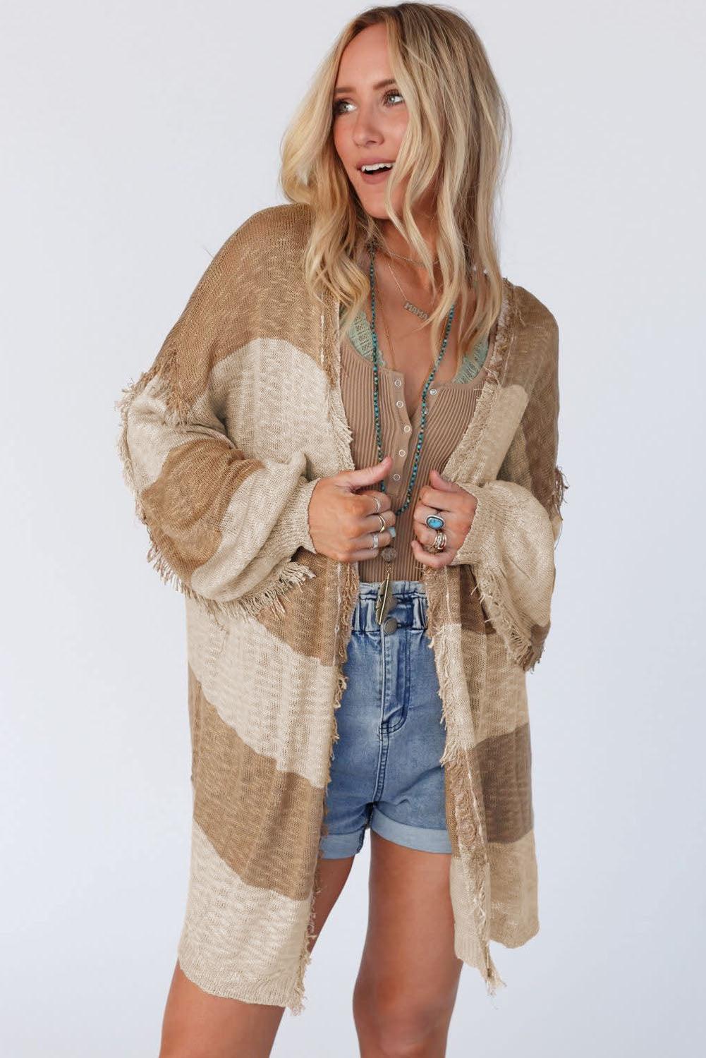 Khaki Stripe Lantern Sleeve Fringed Open Cardigan - L & M Kee, LLC