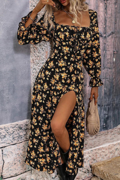 Black Floral Tie Square Neck Puff Sleeve Slit Dress - L & M Kee, LLC