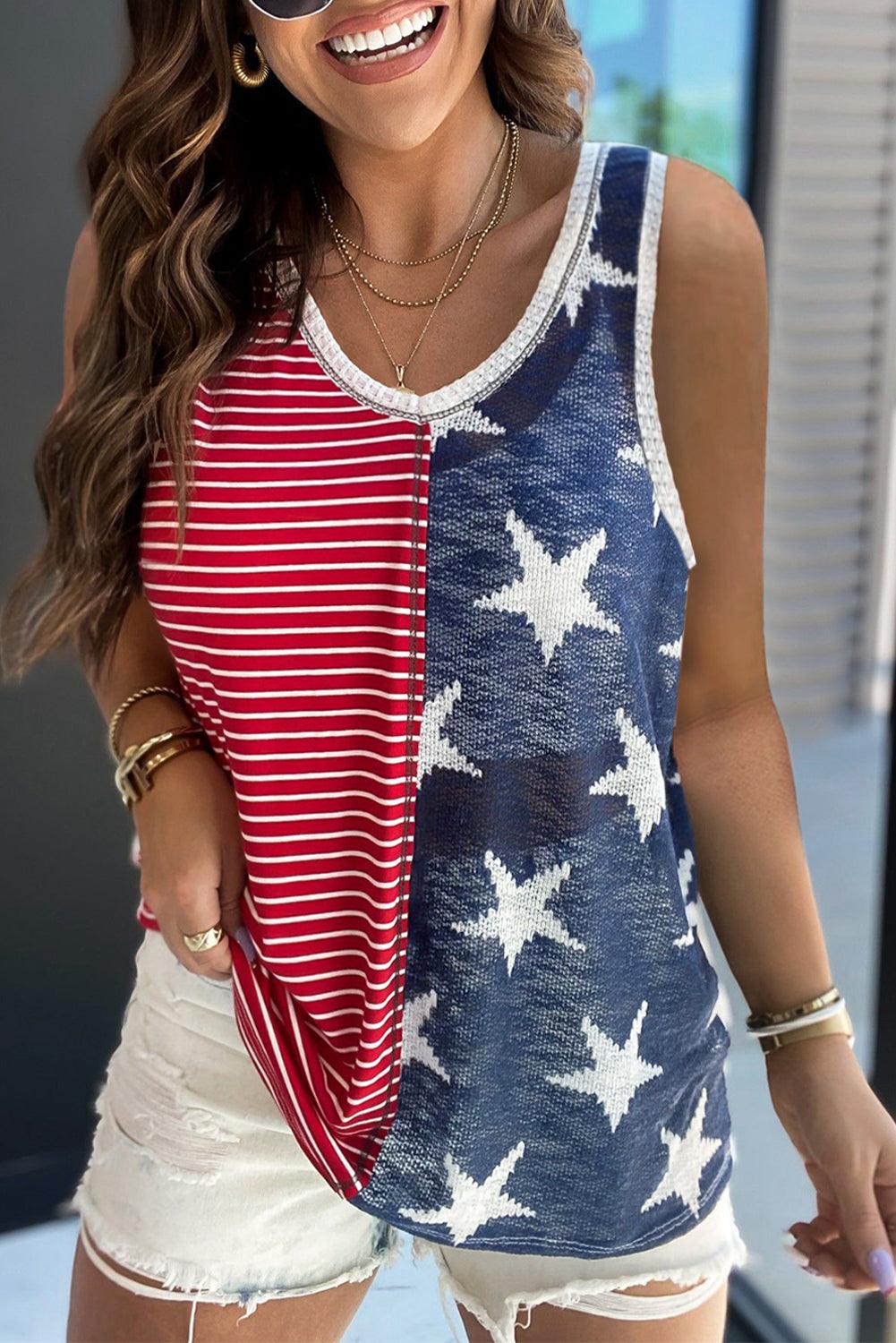 Multicolor Stripes Stars Print Knit Short Sleeves Top - L & M Kee, LLC