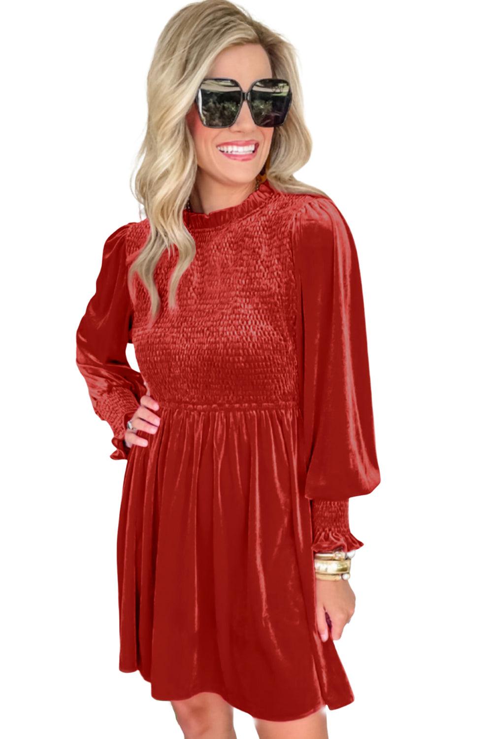 Red Clay Frilled Neck Smocked Bodice Velvet Dress - L & M Kee, LLC