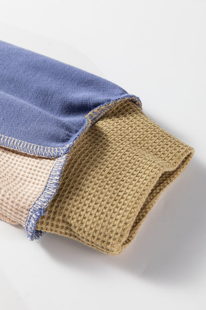 Wild Wind Color Block Mix Texture Waffle Patchwork Oversize Sweatshirt